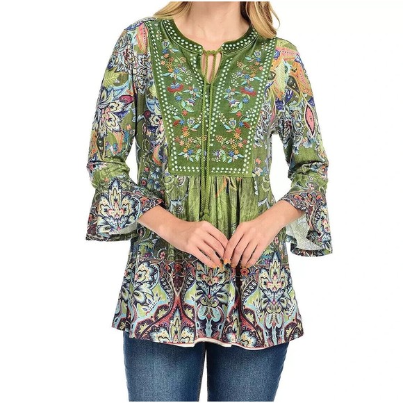 ONE WORLD Tops - Farmers Market by One World Printed Knit Velvet Bib Bell Sleeve Top Green XL NEW